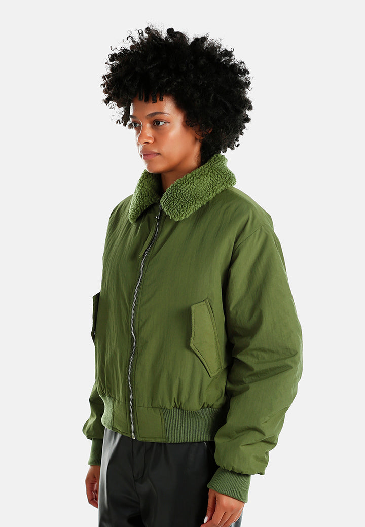 faux fur collared bomber jacket#color_olive