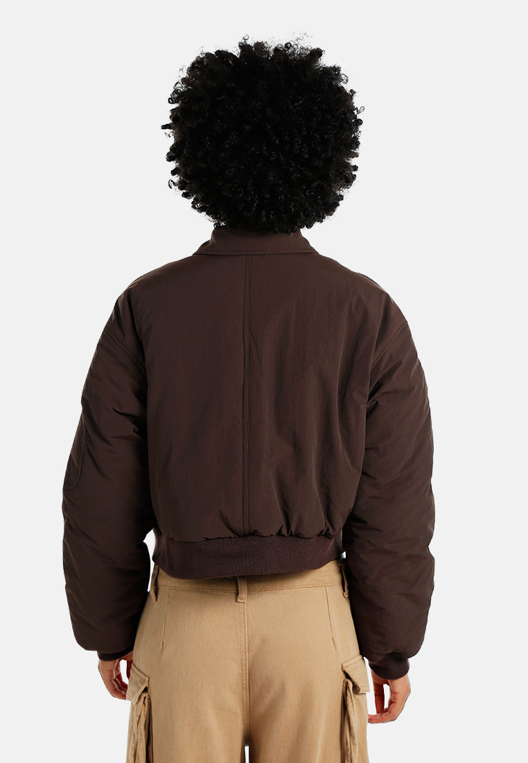 zip-up cropped bomber jacket#color_dark-bown