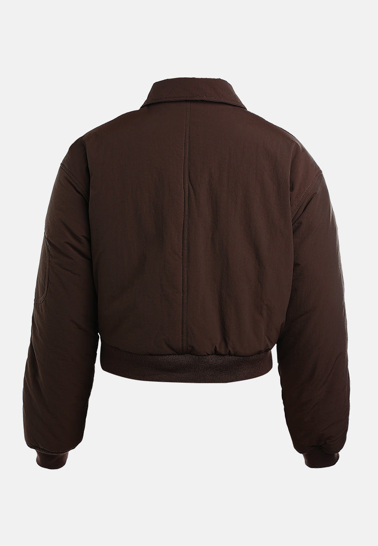 zip-up cropped bomber jacket#color_dark-bown