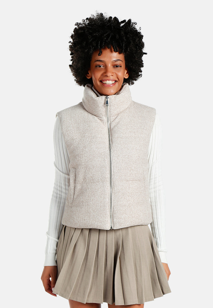 textured high-neck sleeveless jacket#color_stone