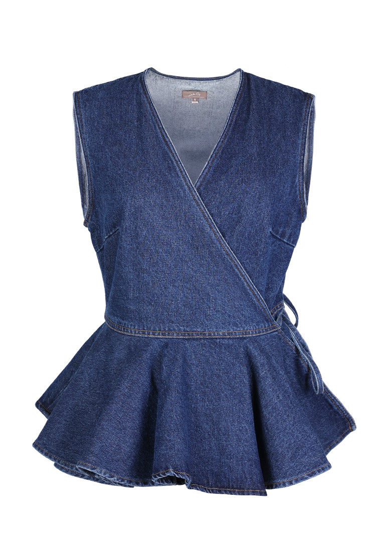 wrap detail peplum top by ft#color_mid-blue