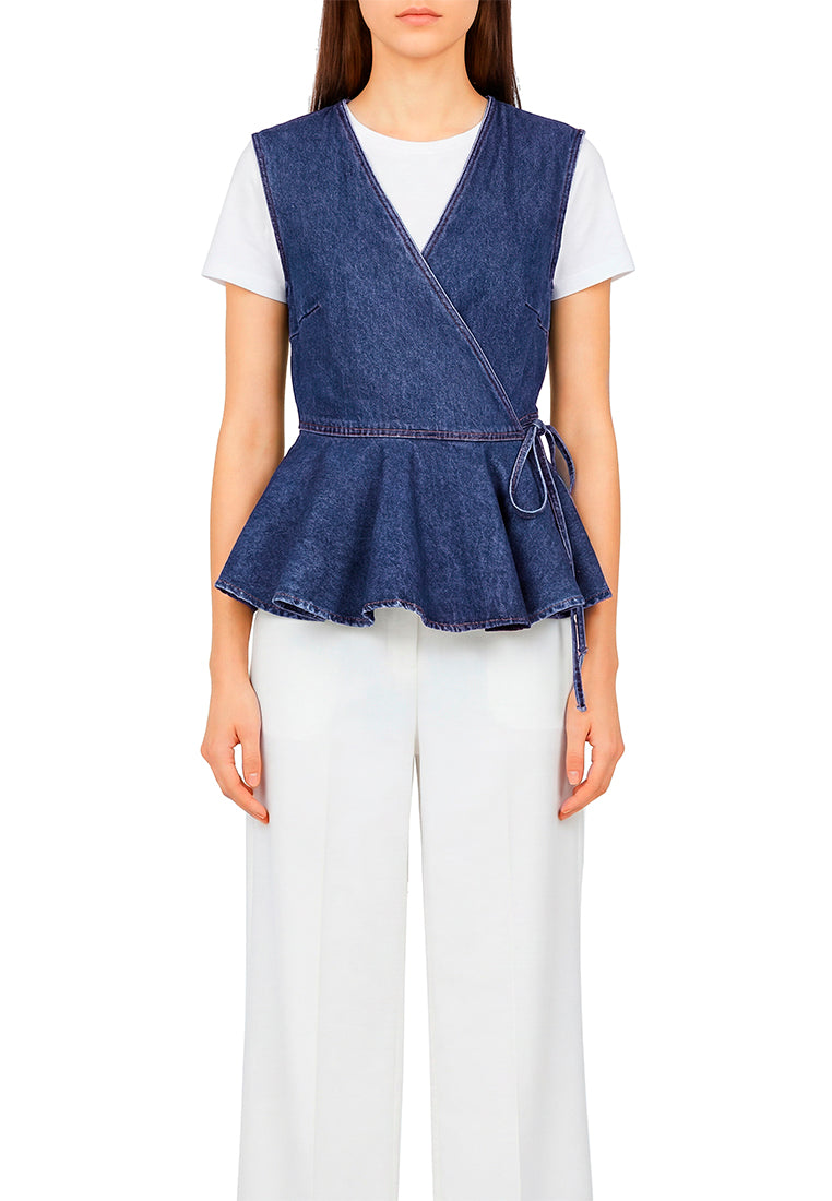 wrap detail peplum top by ft#color_mid-blue
