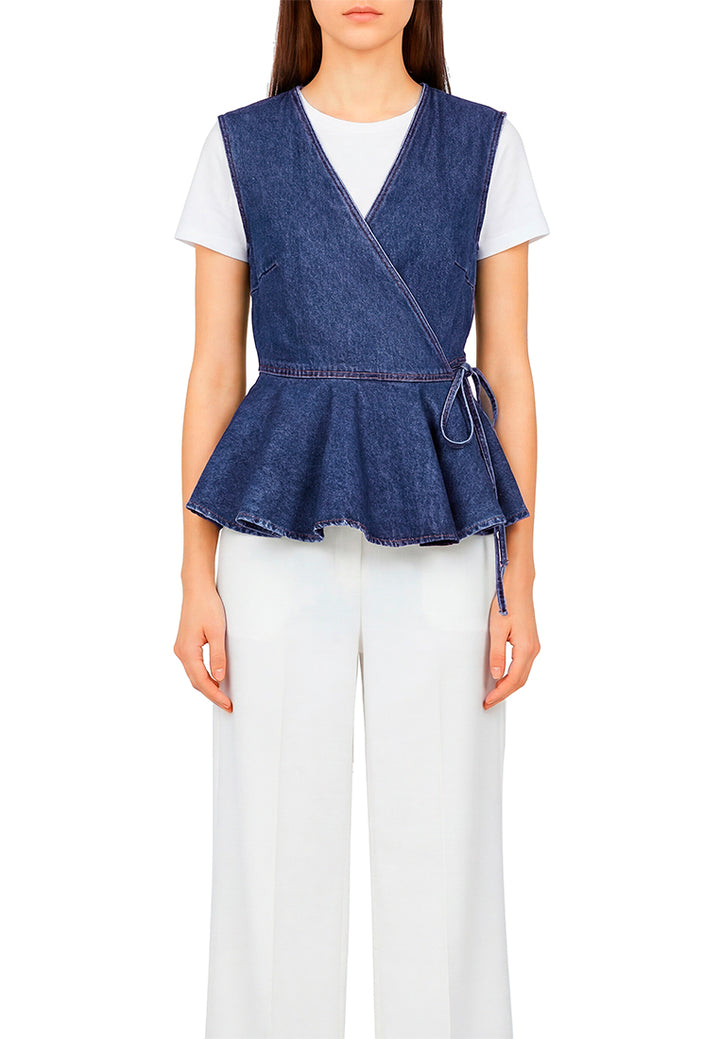wrap detail peplum top by ft#color_mid-blue