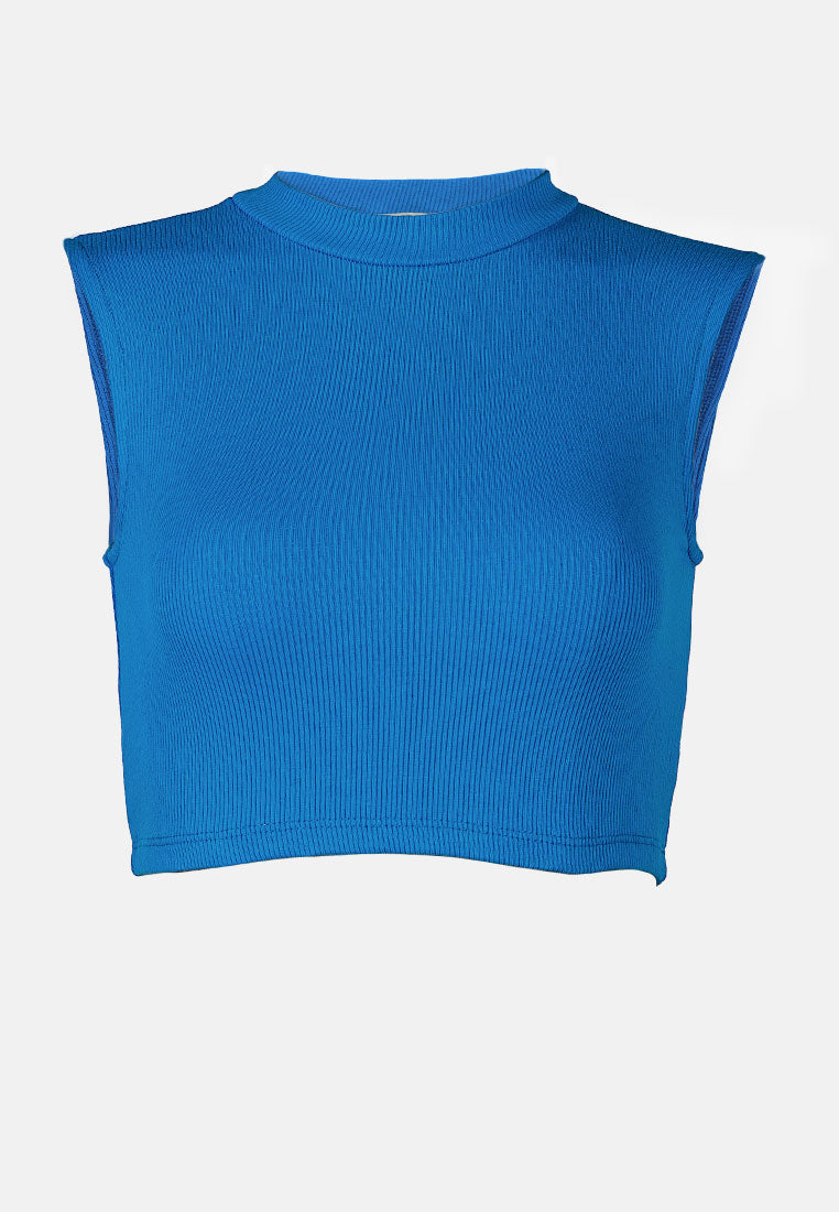 solid knitted crop top#color_blue