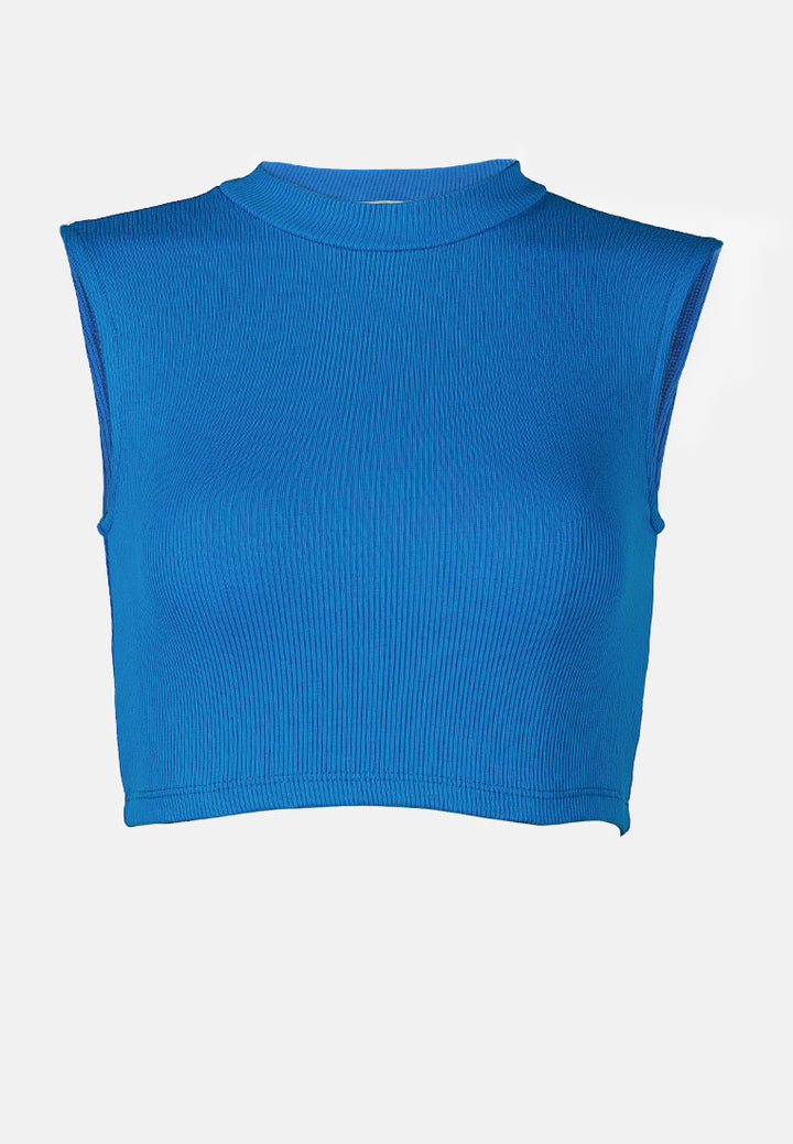 solid knitted crop top#color_blue