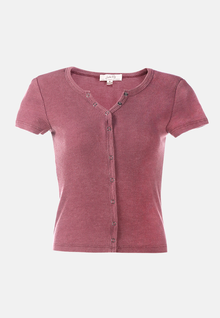 solid button up knitted top#color_wine