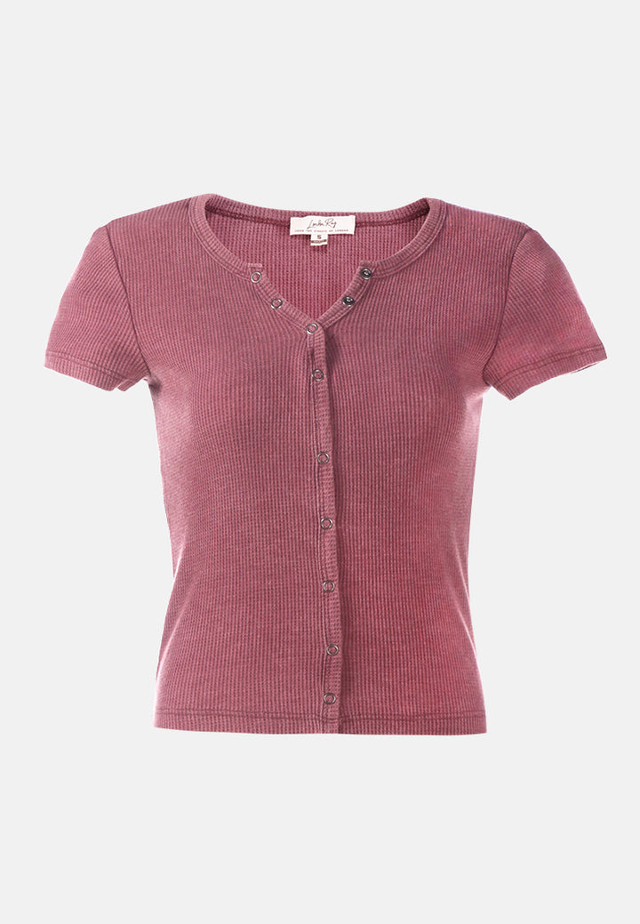 solid button up knitted top#color_wine