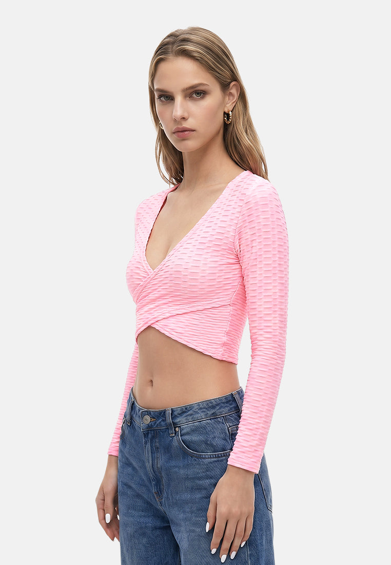 v-neck wrap yoga crop top#color_pink