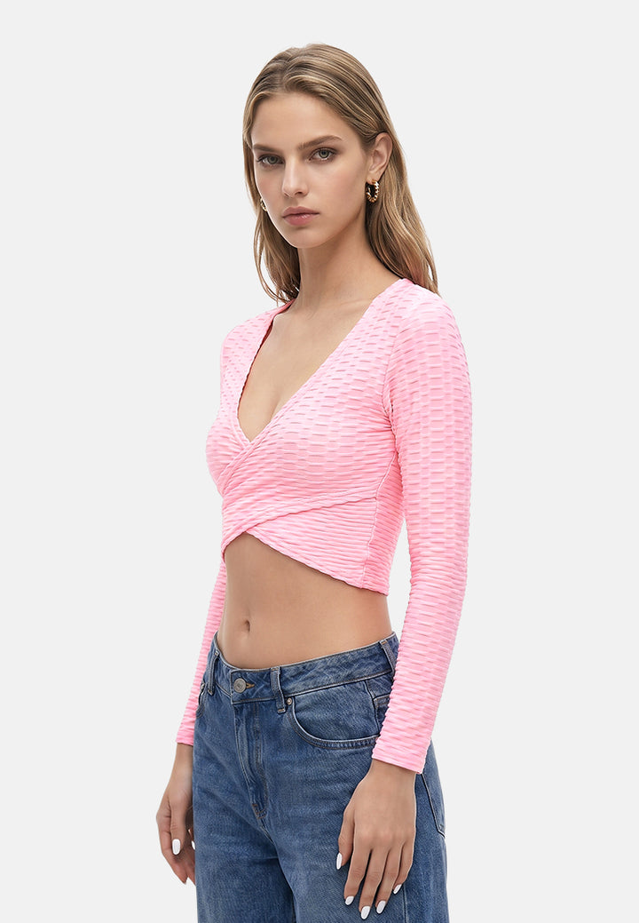 v-neck wrap yoga crop top#color_pink
