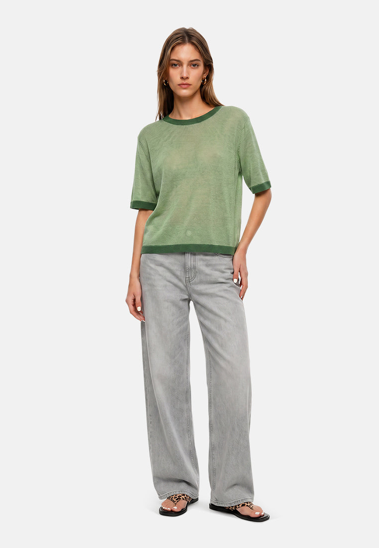 contrast neck and sleeve rib t-shirt#color_green