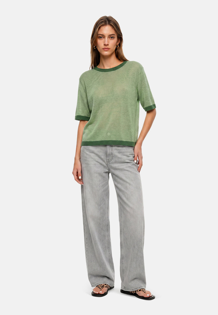 contrast neck and sleeve rib t-shirt#color_green