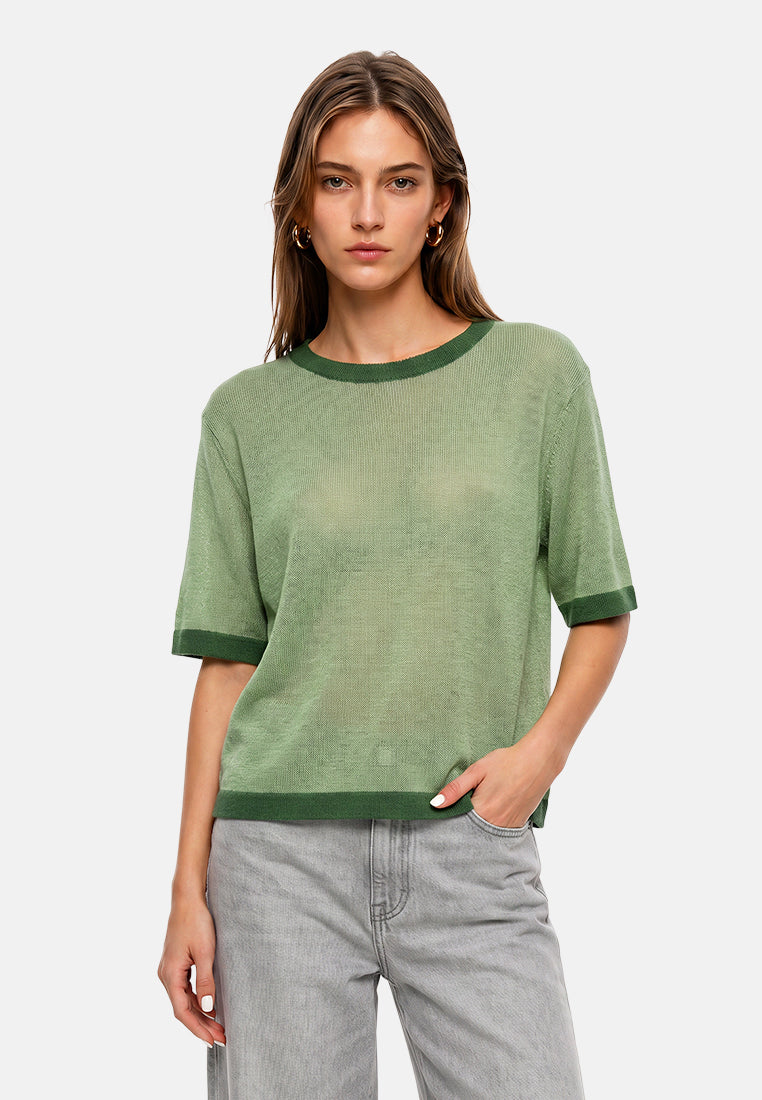 contrast neck and sleeve rib t-shirt#color_green