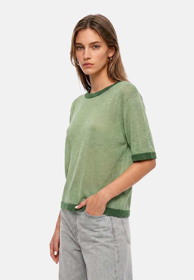 contrast neck and sleeve rib t-shirt#color_green