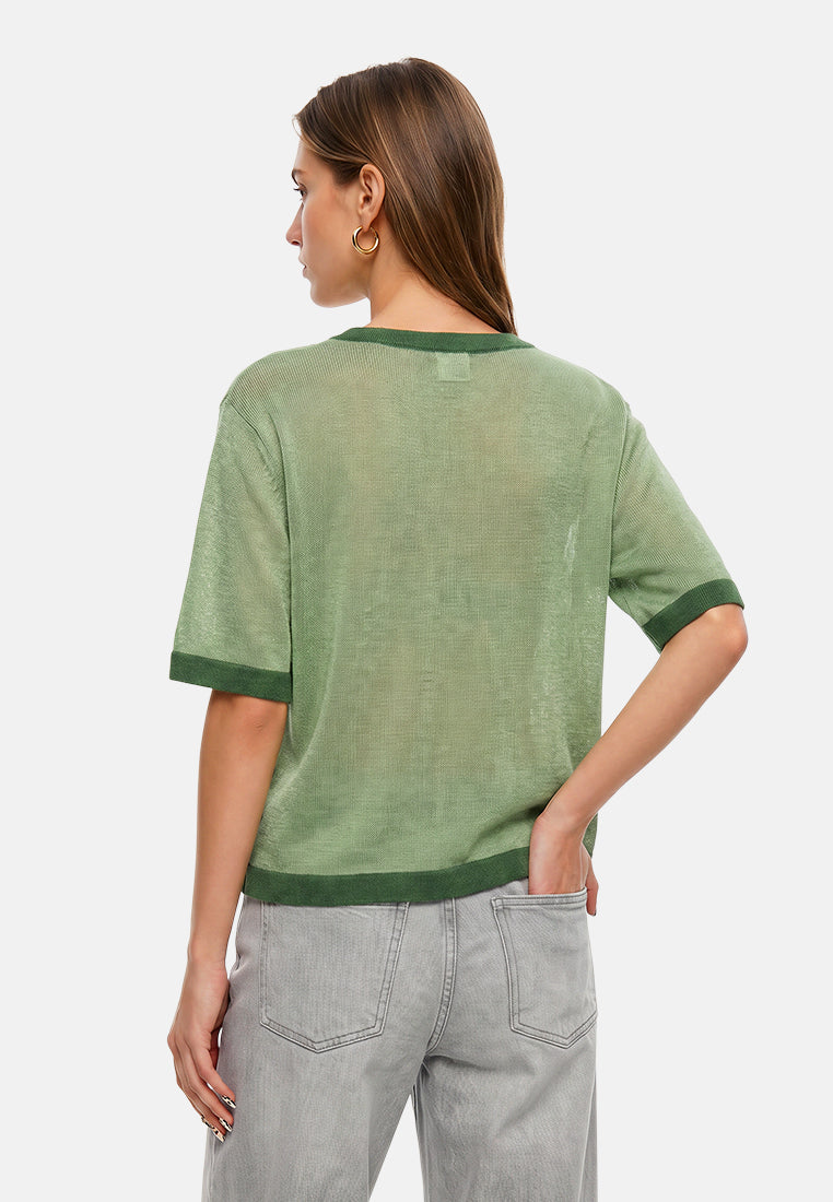 contrast neck and sleeve rib t-shirt#color_green