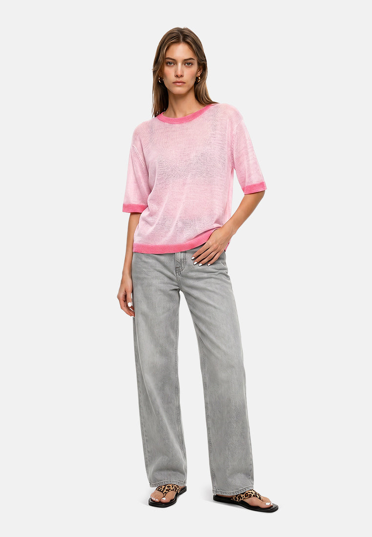 contrast neck and sleeve rib t-shirt#color_pink