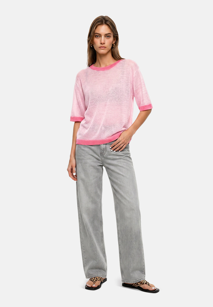 contrast neck and sleeve rib t-shirt#color_pink