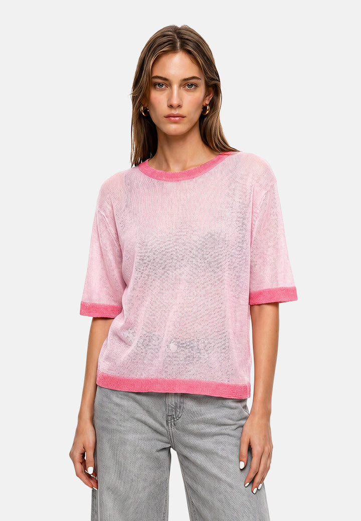 contrast neck and sleeve rib t-shirt#color_pink