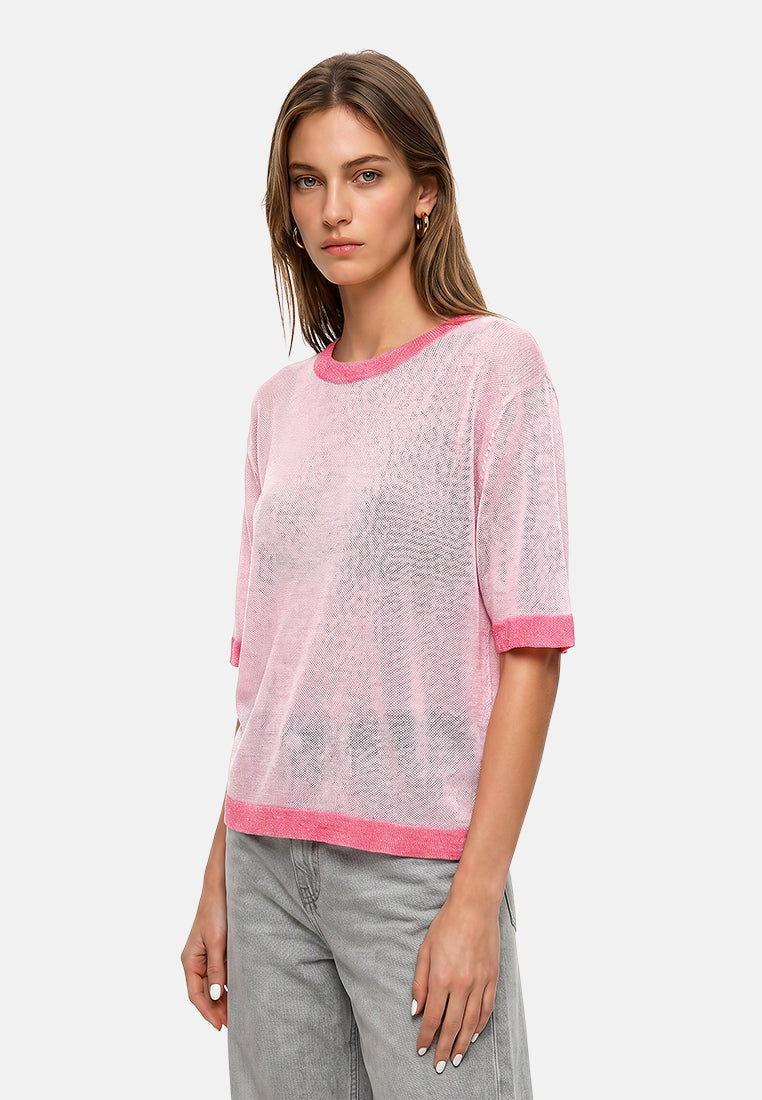 contrast neck and sleeve rib t-shirt#color_pink