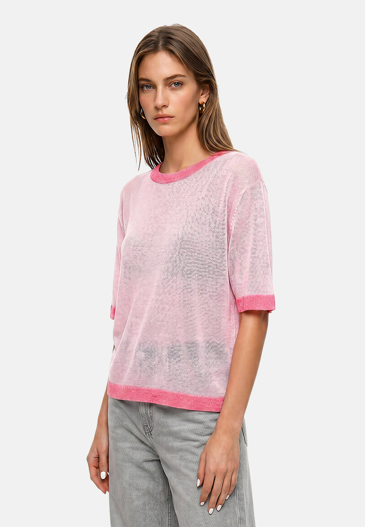 contrast neck and sleeve rib t-shirt#color_pink