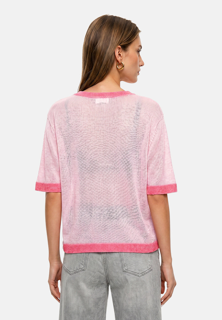 contrast neck and sleeve rib t-shirt#color_pink