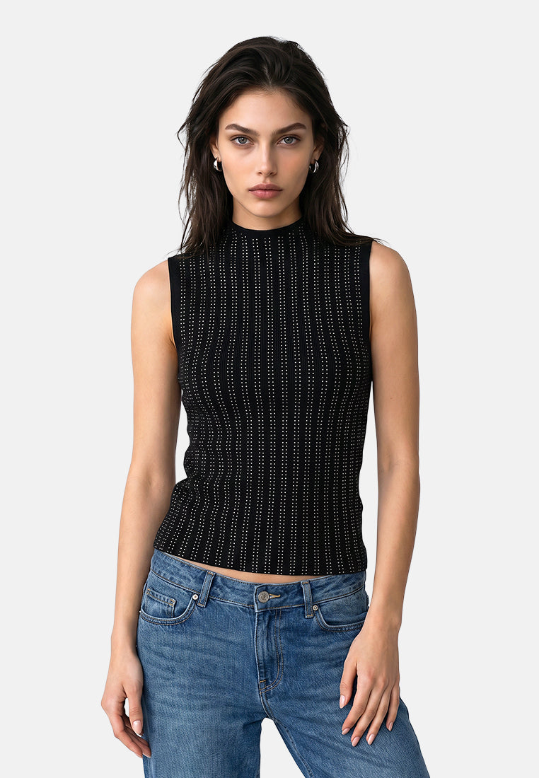 sleeveless sequin high neck top by ruw#color_black