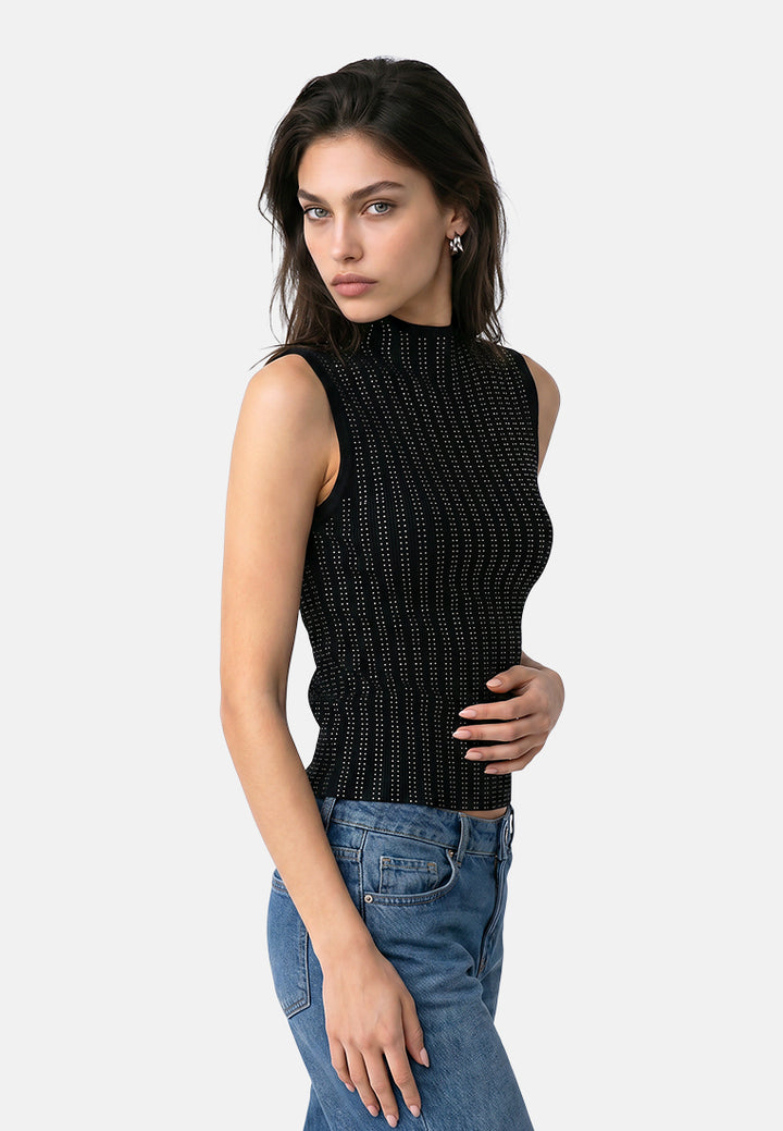 sleeveless sequin high neck top by ruw#color_black