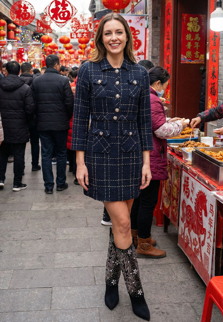 woven button-down jacket + mini dress combo by ruw#color_navy