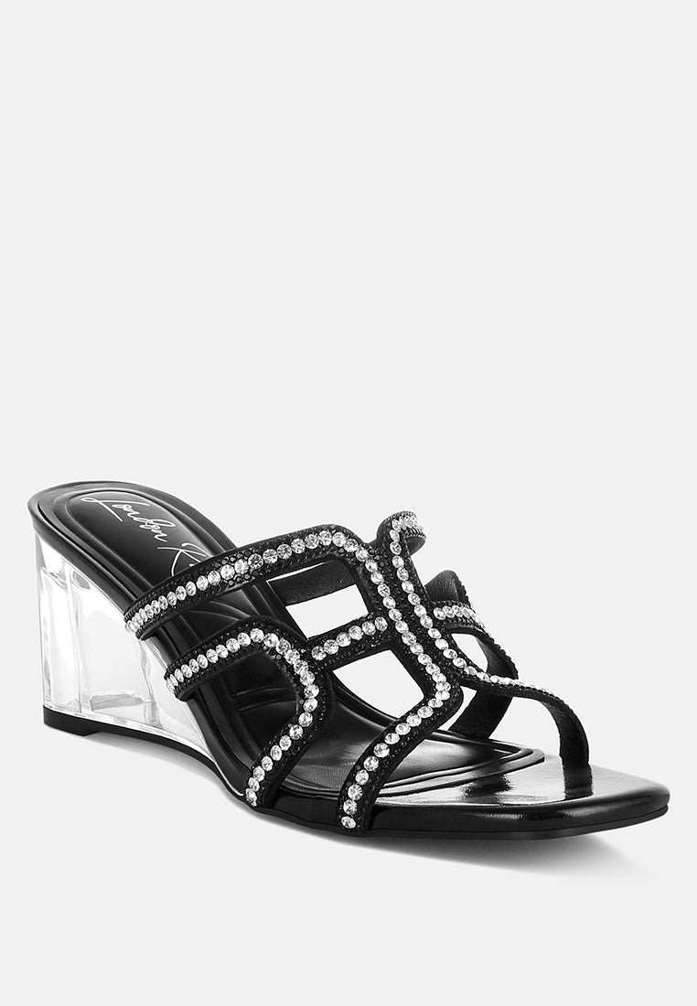 caqueta metallic rhinestone clear wedge sandals#color_black