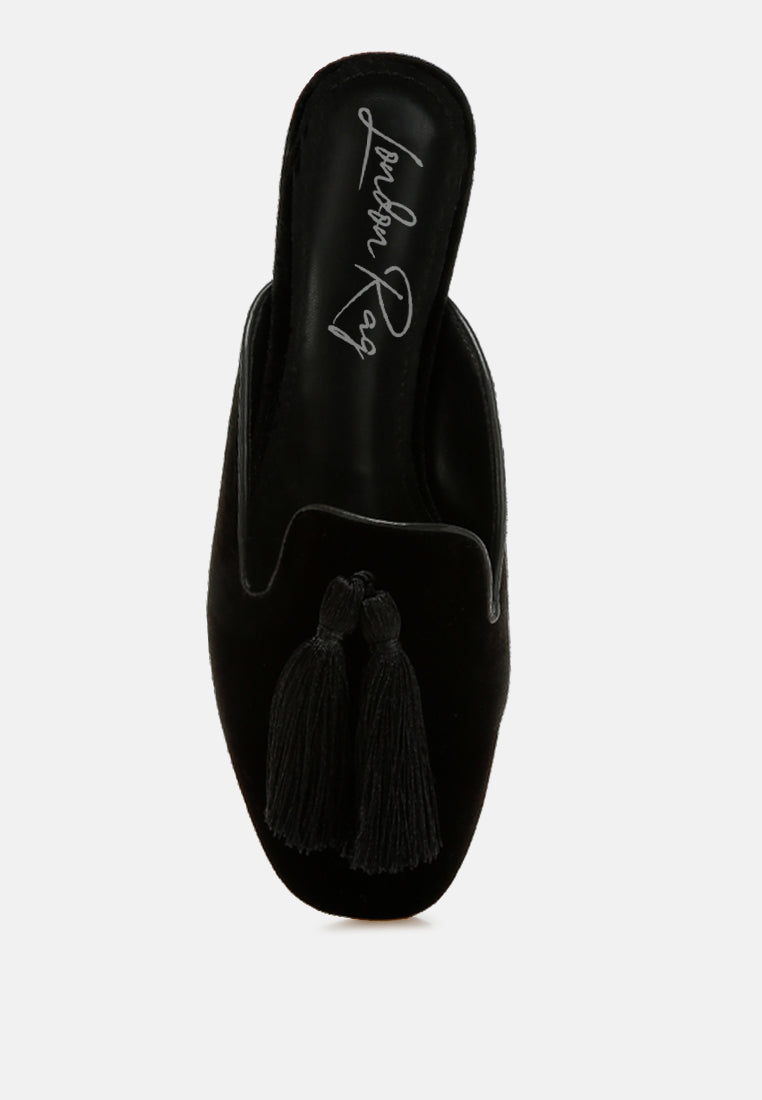 tassel detail velvet mules by mode#color_black