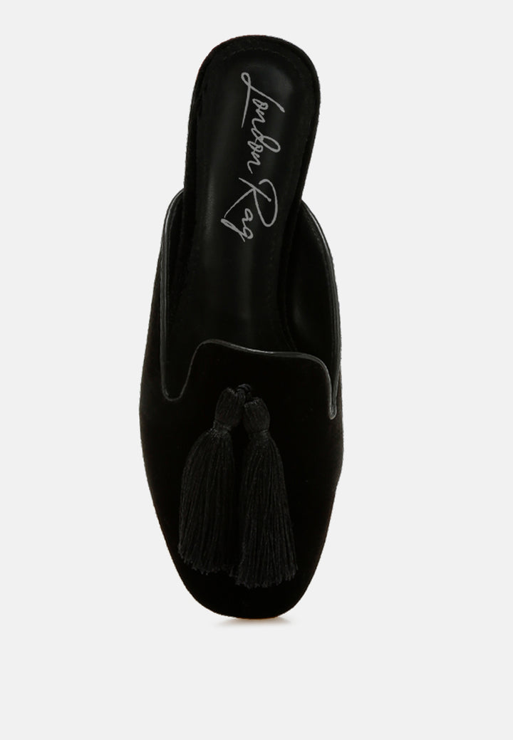 tassel detail velvet mules by mode#color_black