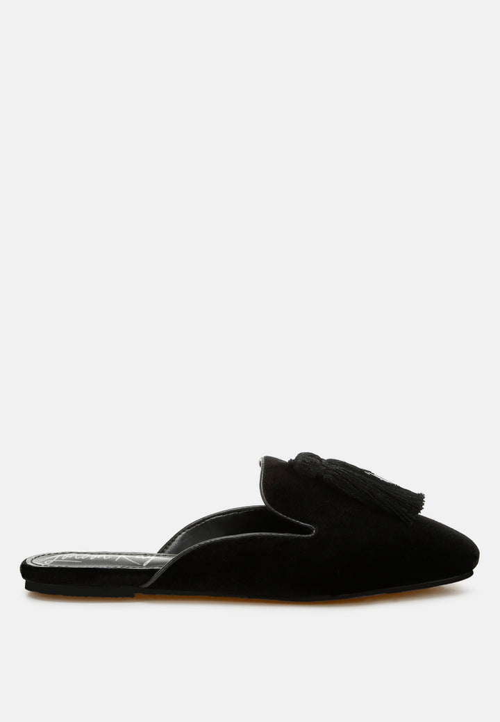 tassel detail velvet mules by mode#color_black