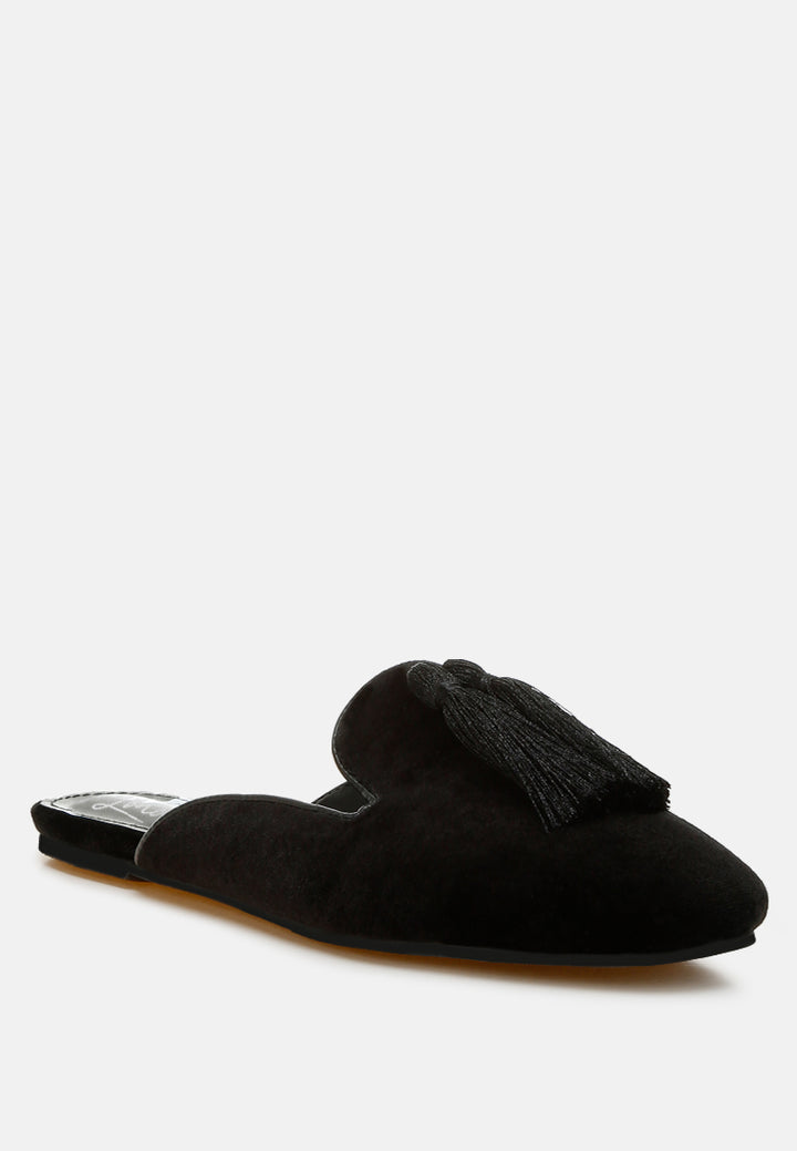 tassel detail velvet mules by mode#color_black