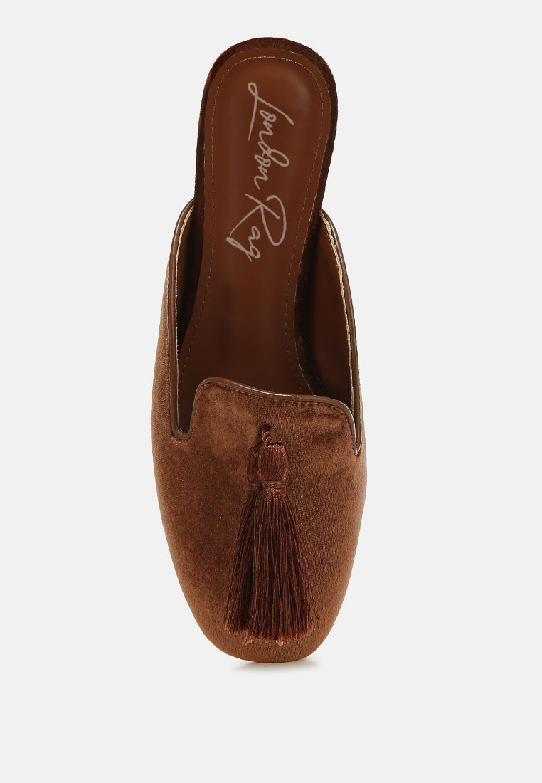 tassel detail velvet mules by mode#color_brown