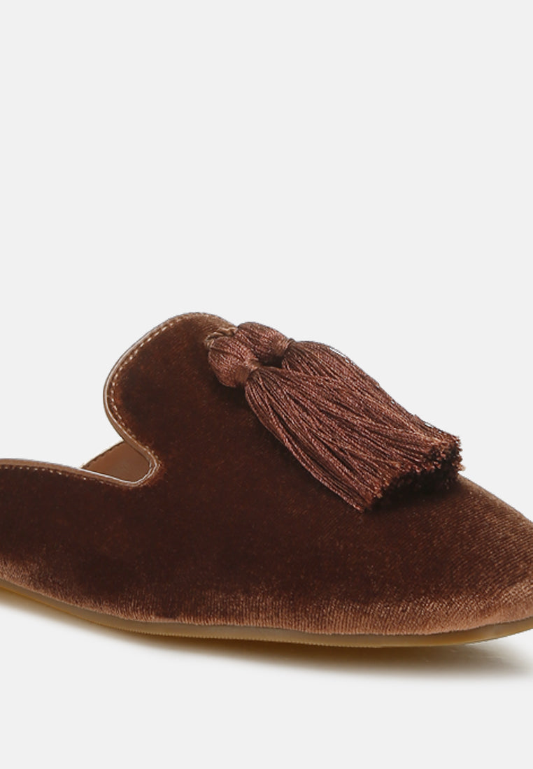 tassel detail velvet mules by mode#color_brown