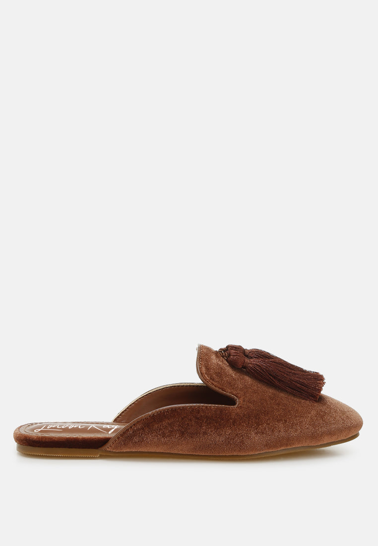 tassel detail velvet mules by mode#color_brown