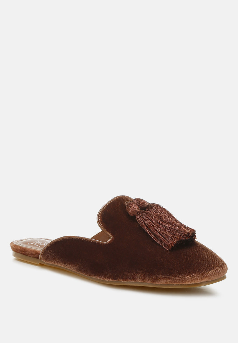 tassel detail velvet mules by mode#color_brown
