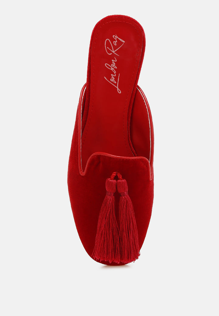 tassel detail velvet mules by mode#color_red
