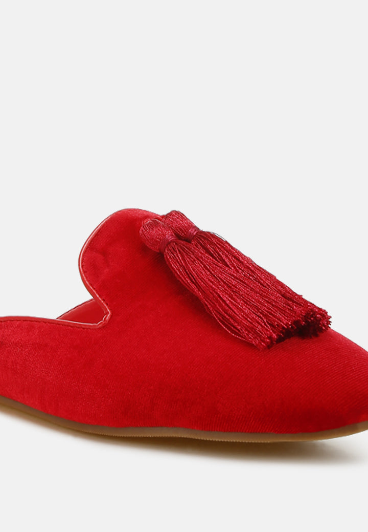 tassel detail velvet mules by mode#color_red