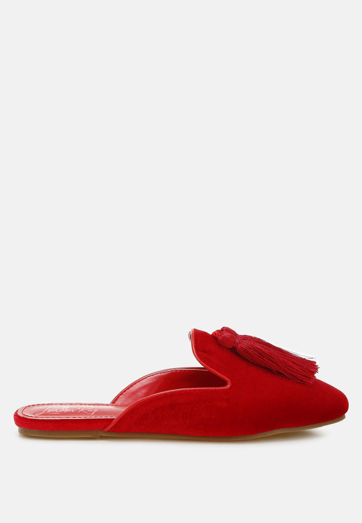 tassel detail velvet mules by mode#color_red