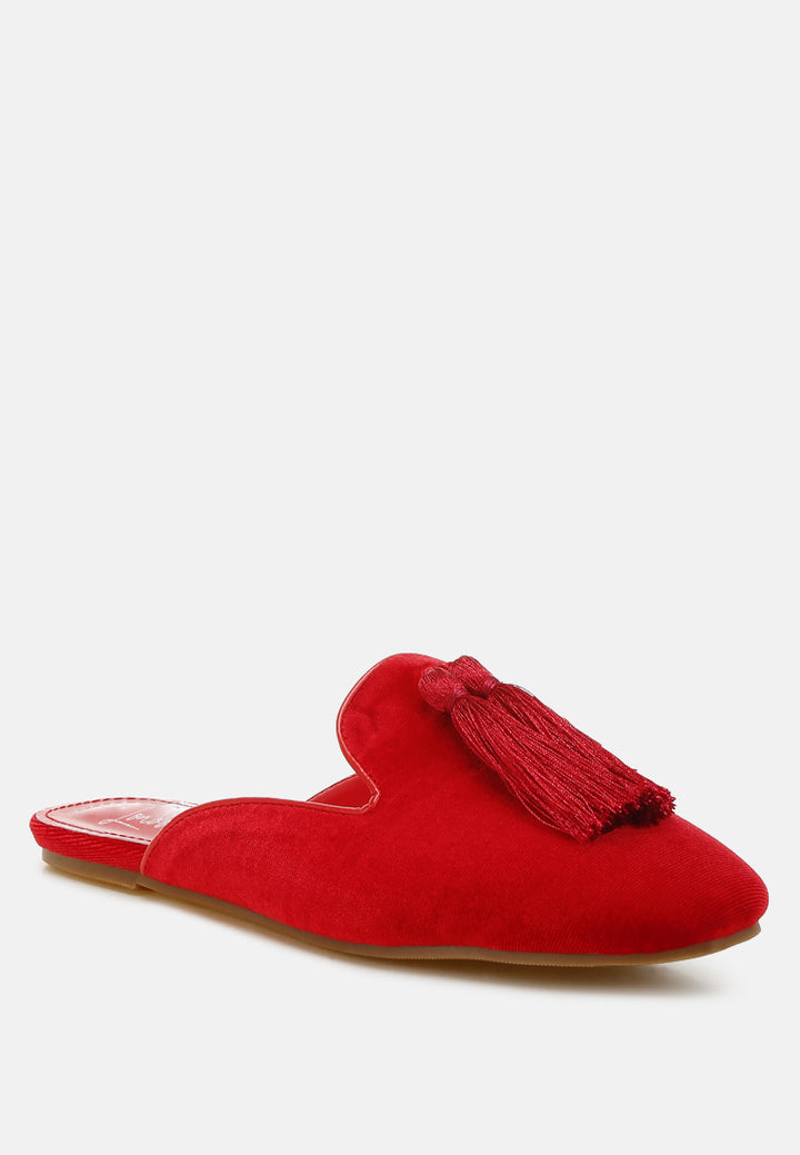 tassel detail velvet mules by mode#color_red