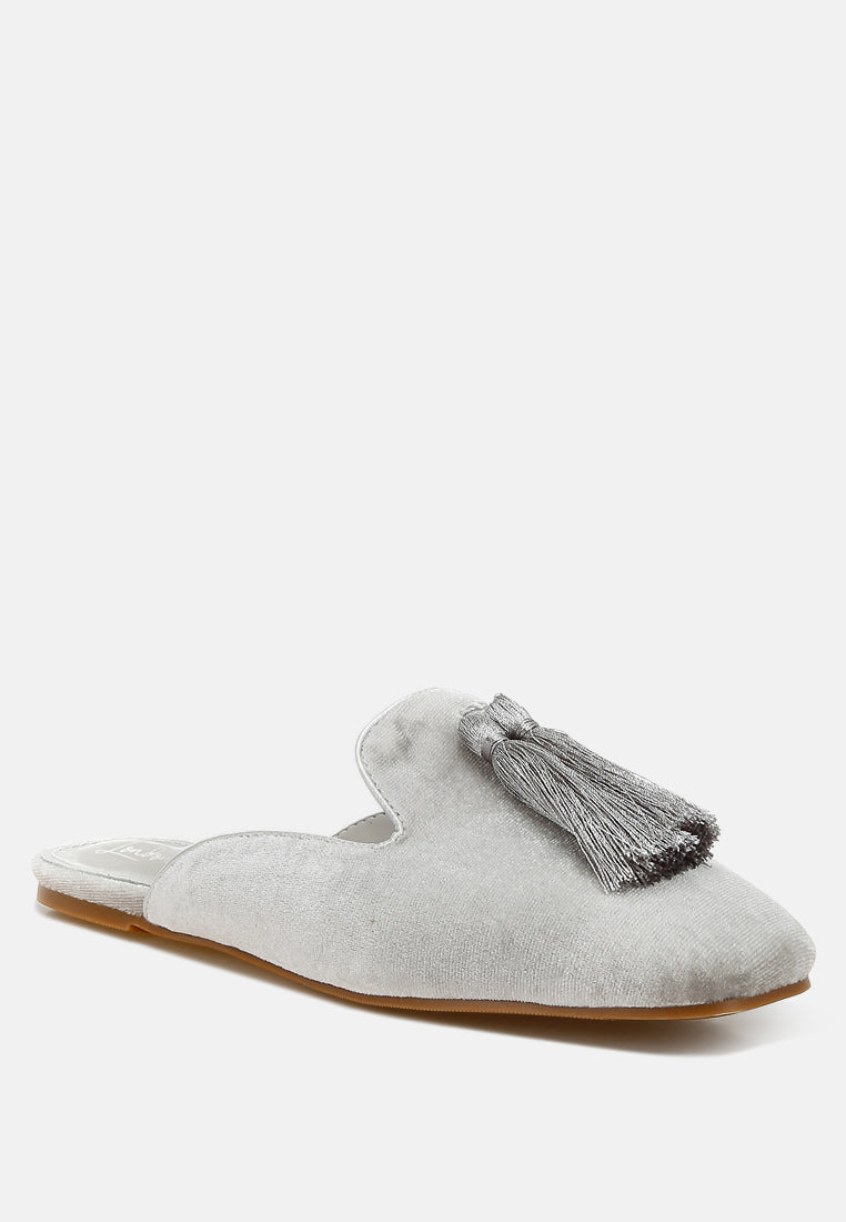 tassel detail velvet mules by mode#color_silver