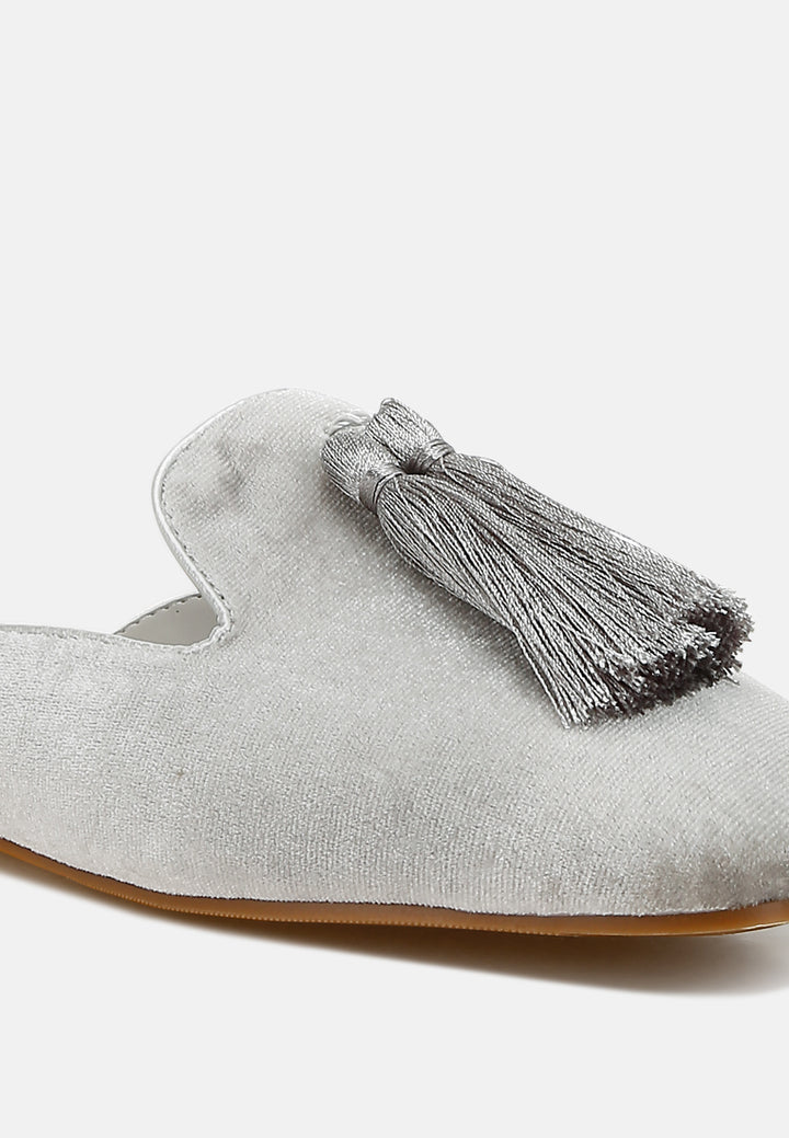 tassel detail velvet mules by mode#color_silver