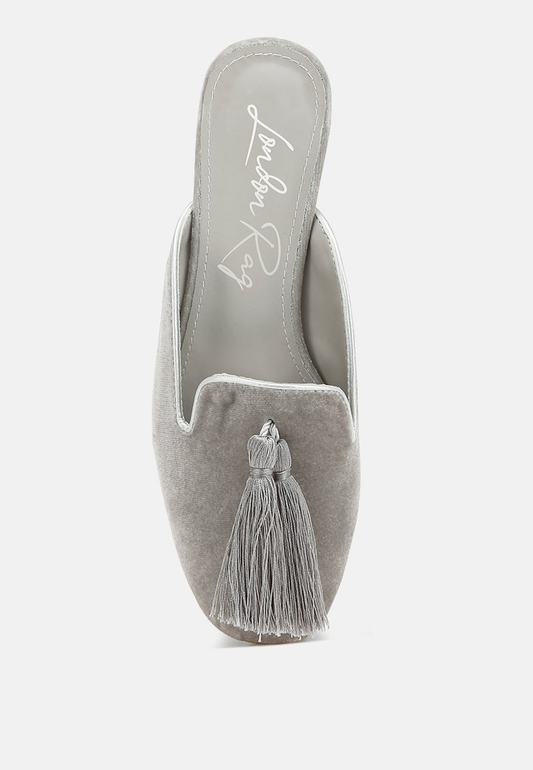 tassel detail velvet mules by mode#color_silver