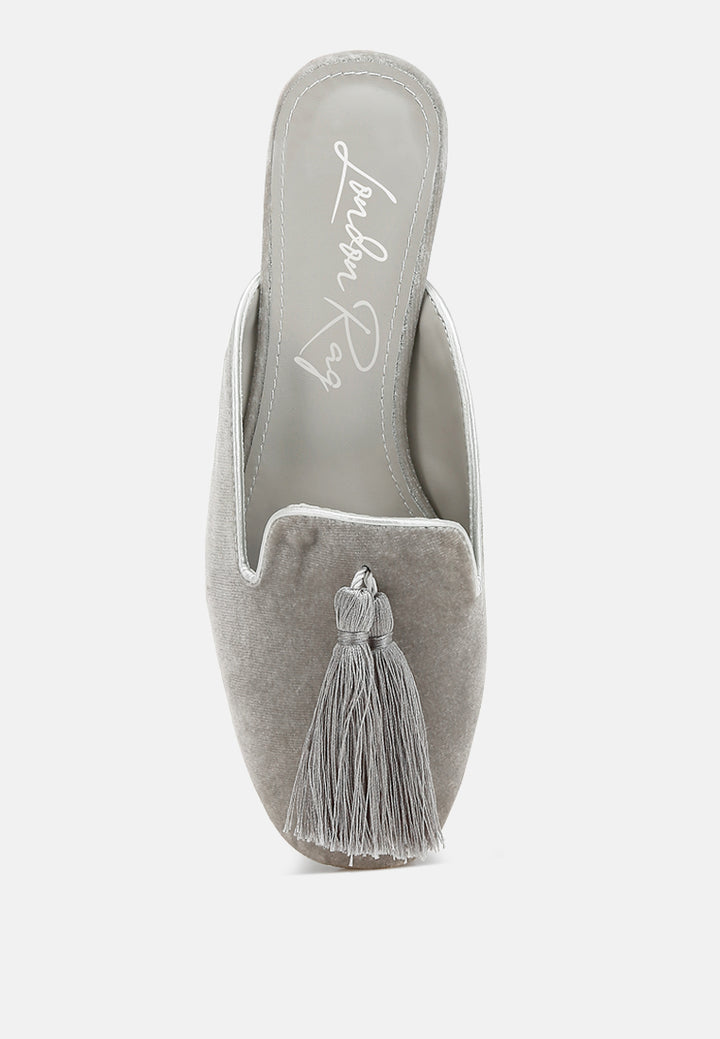 tassel detail velvet mules by mode#color_silver