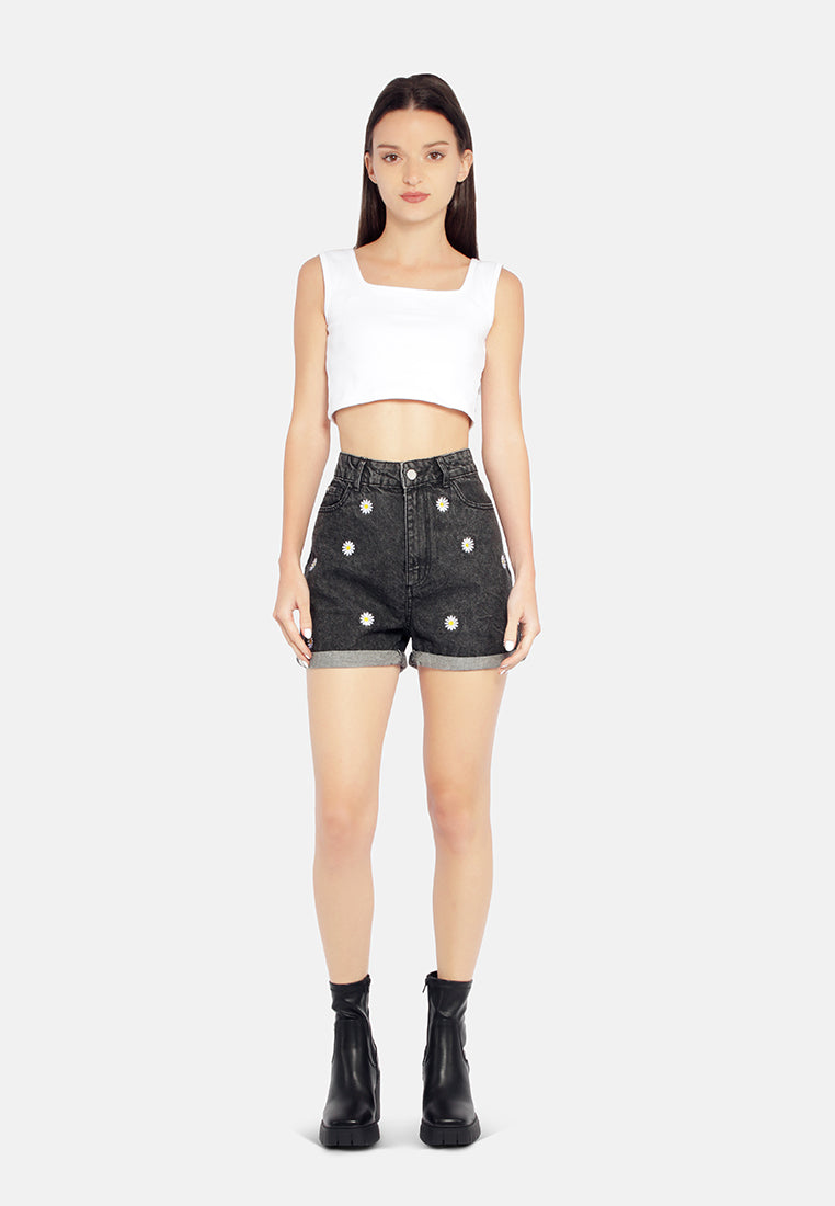 casual floral embroidery denim shorts#color_black