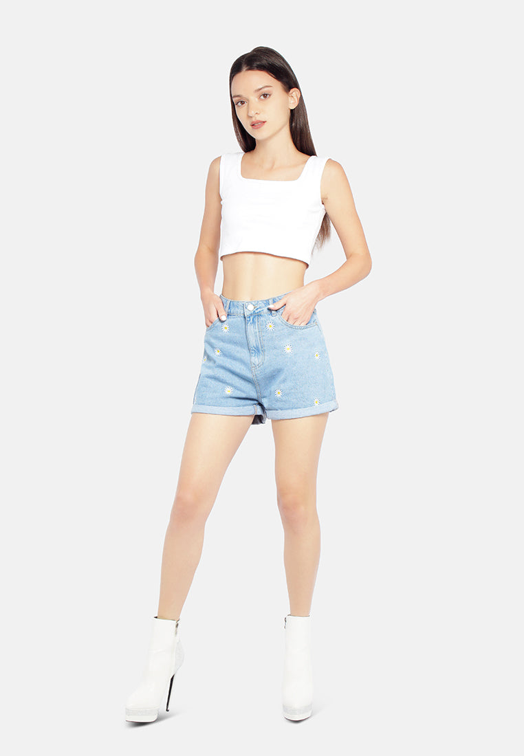 casual floral embroidery denim shorts#color_blue