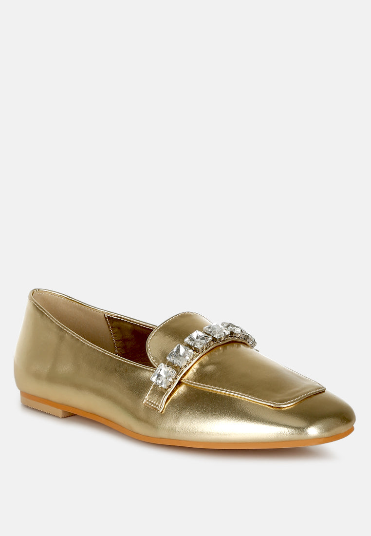 metallic diamante strap loafers by ruw#color_gold