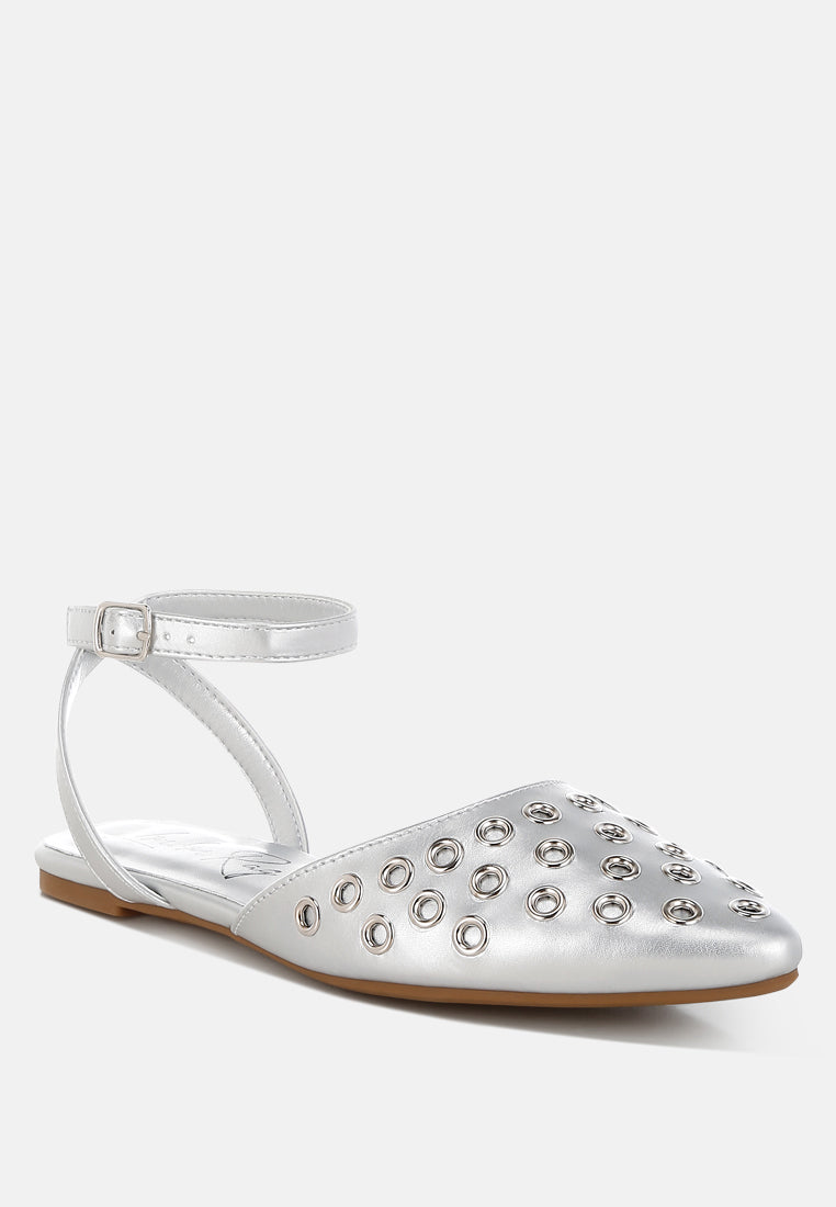 chalcis metallic eyelet detail flat sandals#color_silver