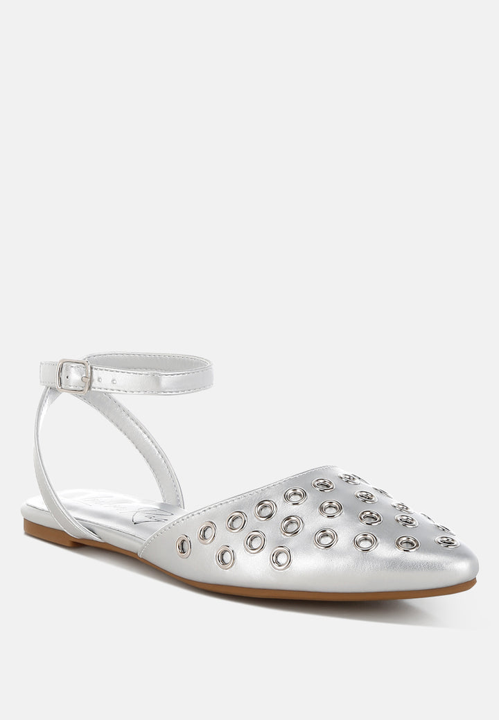 chalcis metallic eyelet detail flat sandals#color_silver