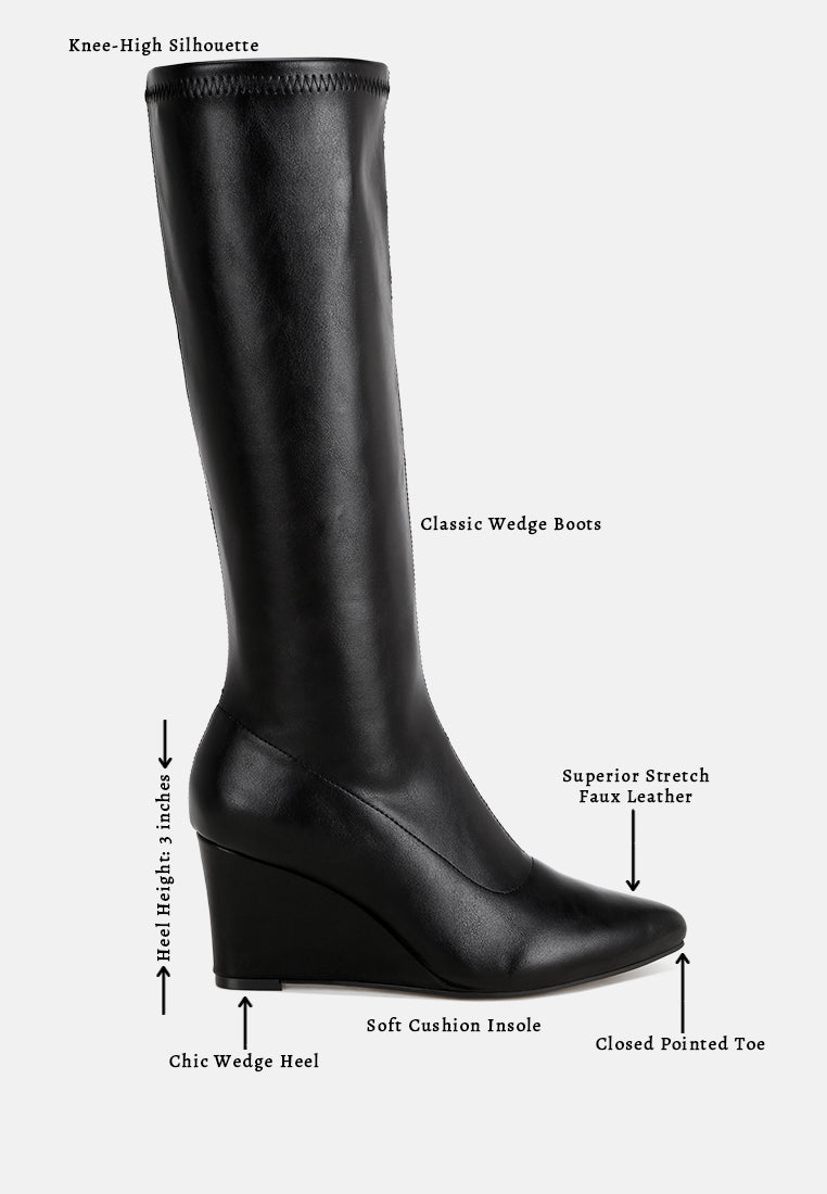 cheyen pointed toe stretchable wedge boots#color_black-smooth